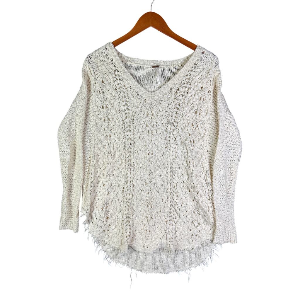 Free People V Neck Oversized Pullover Sweater Cream Creme Womens XS Hole In Pit